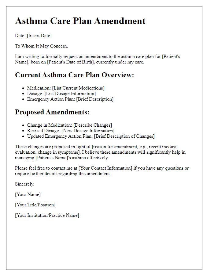 Letter template of asthma care plan amendment