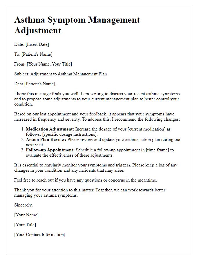 Letter template of asthma symptom management adjustment