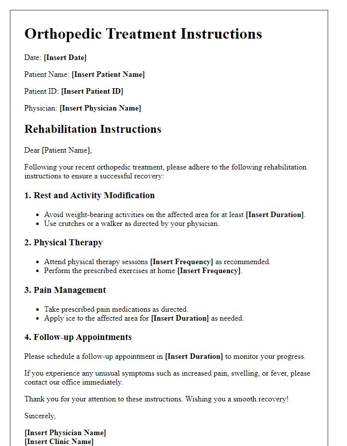 Letter template of orthopedic treatment instructions for rehabilitation