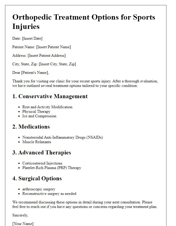 Letter template of orthopedic treatment options for sports injuries