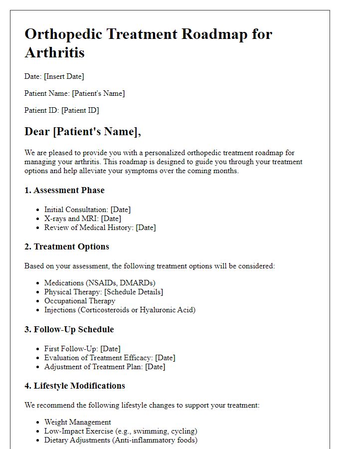 Letter template of orthopedic treatment roadmap for arthritis