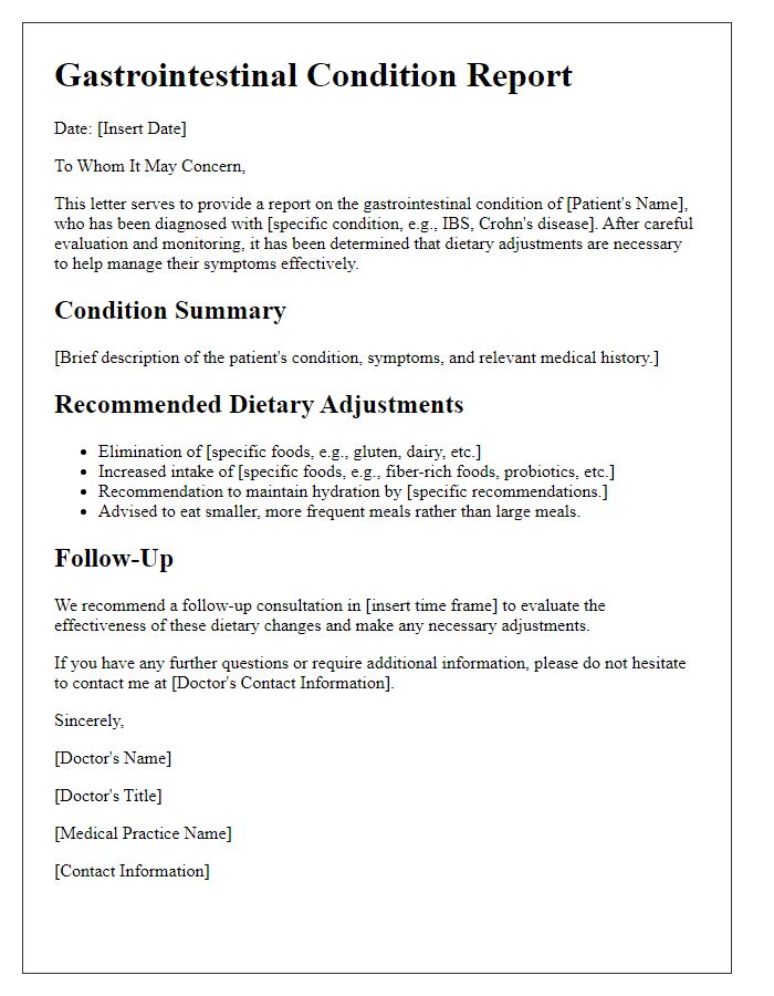 Letter template of gastrointestinal condition report for dietary adjustments