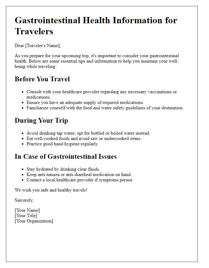 Letter template of gastrointestinal health information for travel considerations