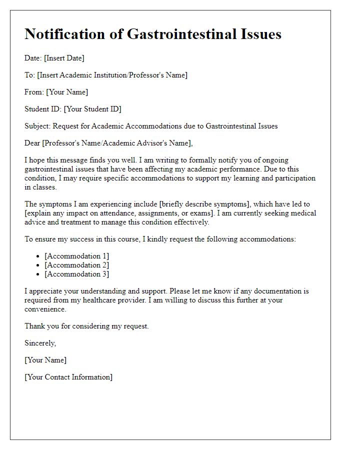 Letter template of gastrointestinal issue notification for academic accommodations