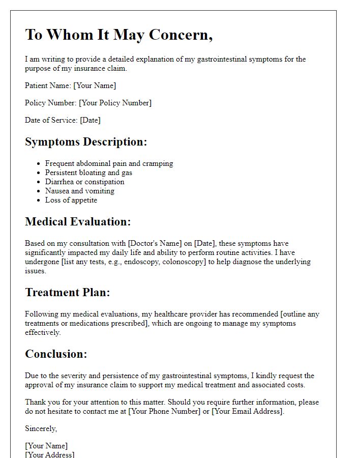 Letter template of gastrointestinal symptoms explanation for insurance claims