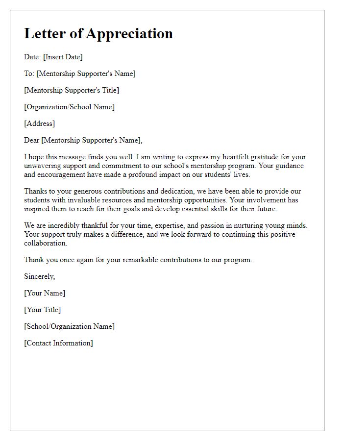 Letter template of appreciation for school mentorship supporters