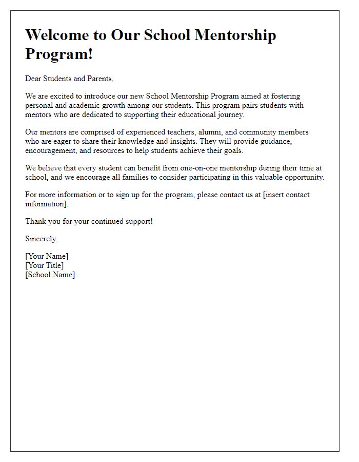 Letter template of school mentorship program introduction