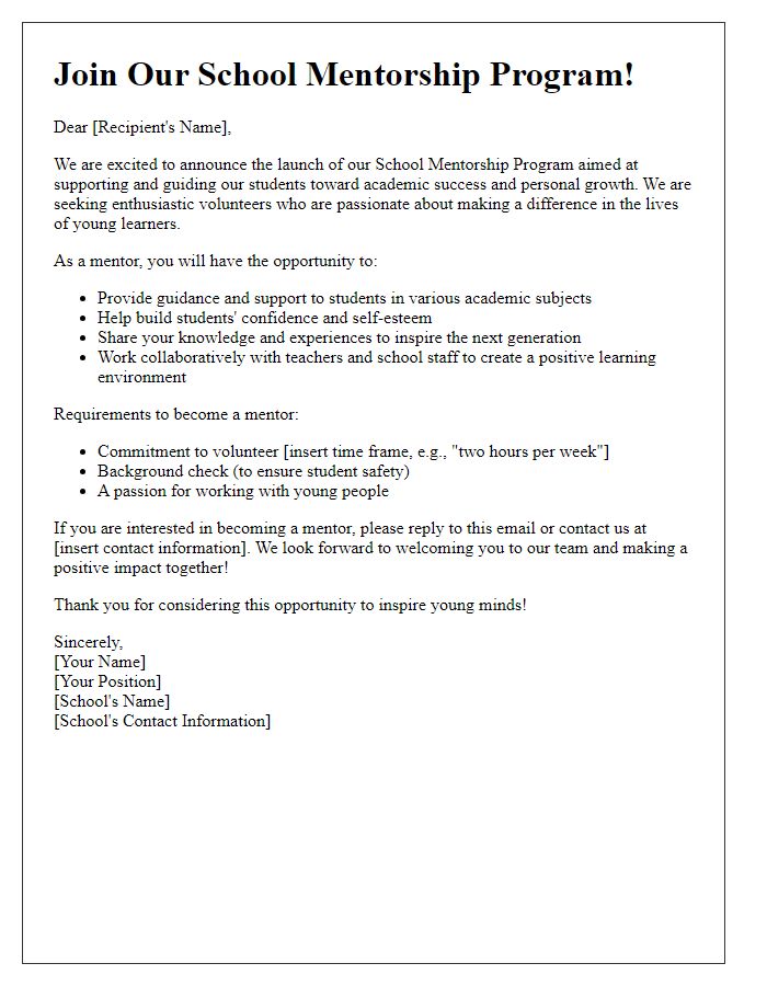 Letter template of volunteer recruitment for school mentorship