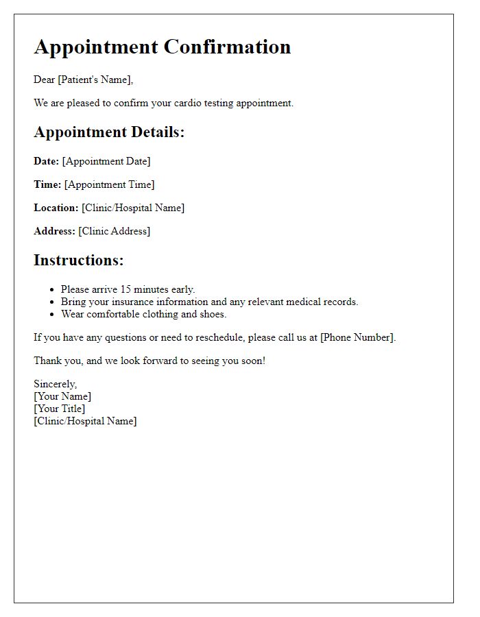 Letter template of cardio testing appointment confirmation