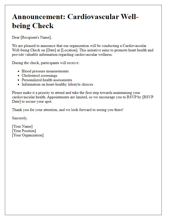 Letter template of cardiovascular well-being check announcement