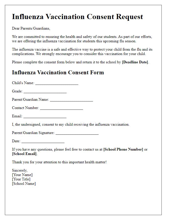 Letter template of influenza vaccination consent request for parents.