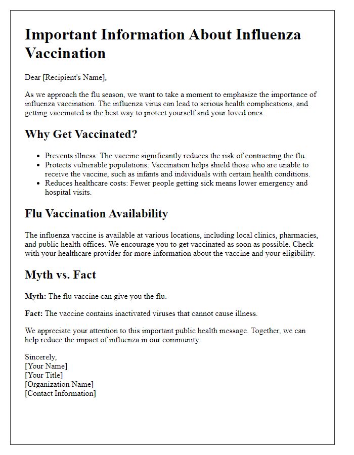 Letter template of influenza vaccination education for public health campaigns.