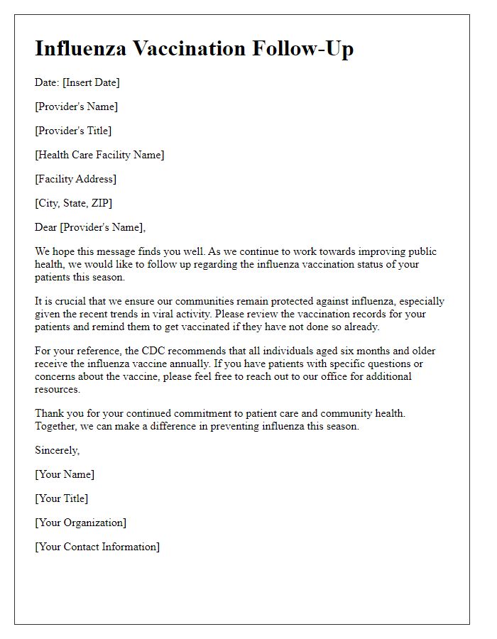 Letter template of influenza vaccination follow-up for health care providers.