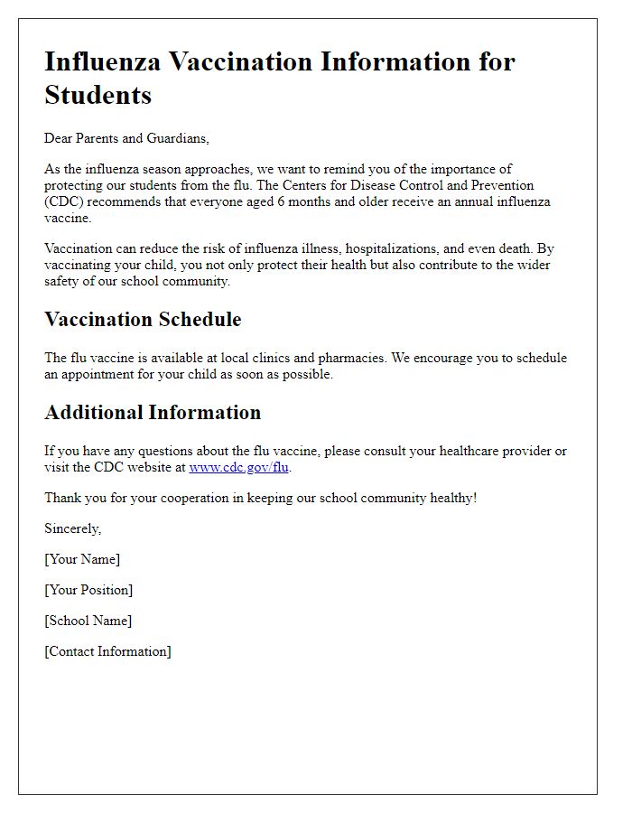 Letter template of influenza vaccination information for schools.