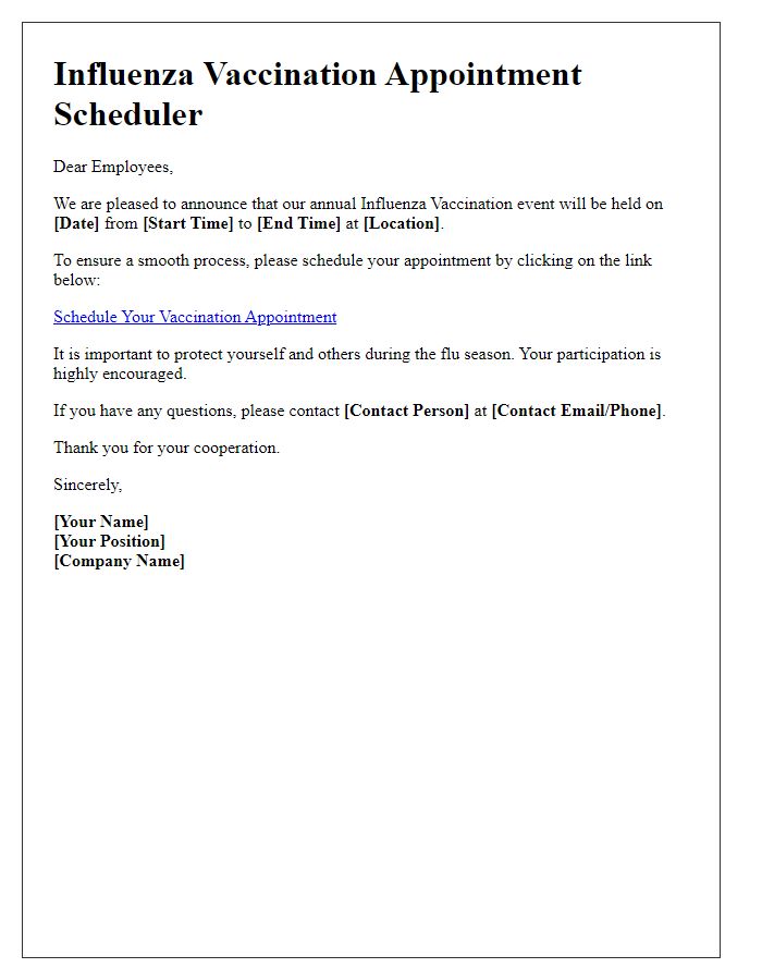 Letter template of influenza vaccination scheduling for employees.