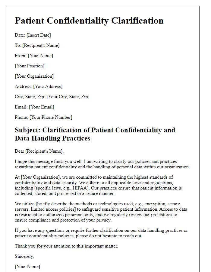 Letter template of patient confidentiality clarification for data handling practices