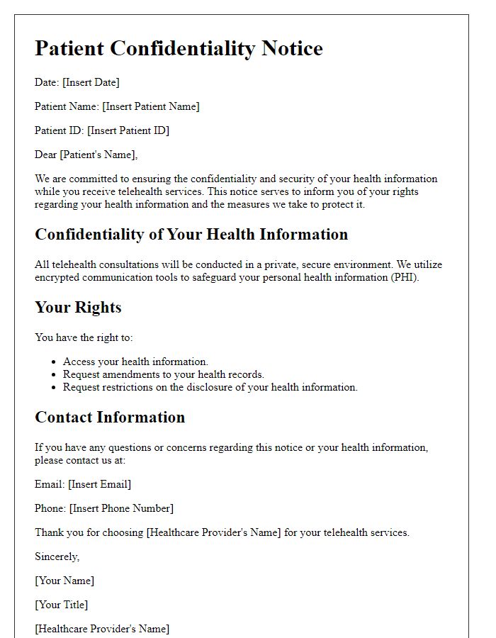 Letter template of patient confidentiality notice for telehealth services