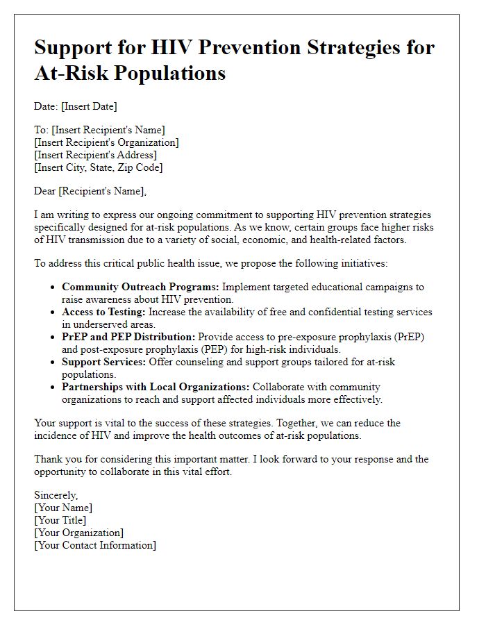 Letter template of HIV prevention strategies for at-risk populations support.