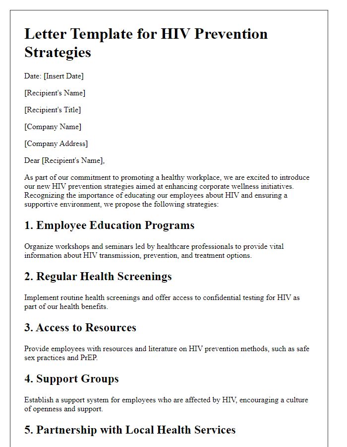 Letter template of HIV prevention strategies for corporate wellness initiatives.