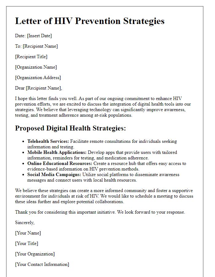 Letter template of HIV prevention strategies for digital health tools.