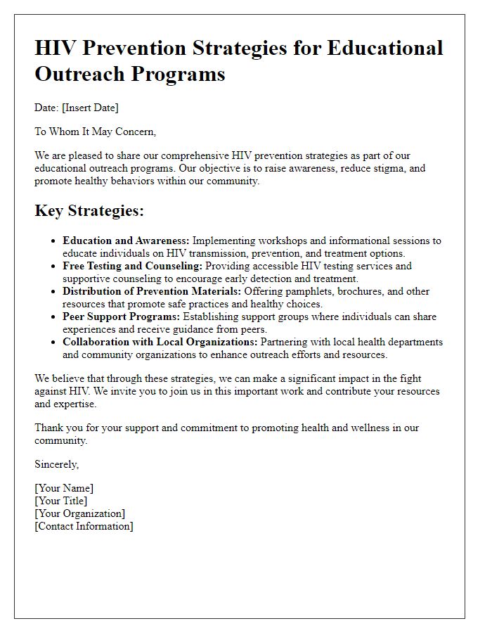 Letter template of HIV prevention strategies for educational outreach programs.