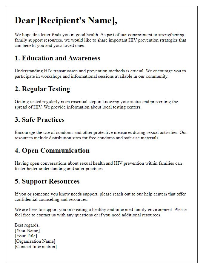 Letter template of HIV prevention strategies for family support resources.