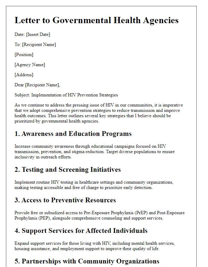 Letter template of HIV prevention strategies for governmental health agencies.