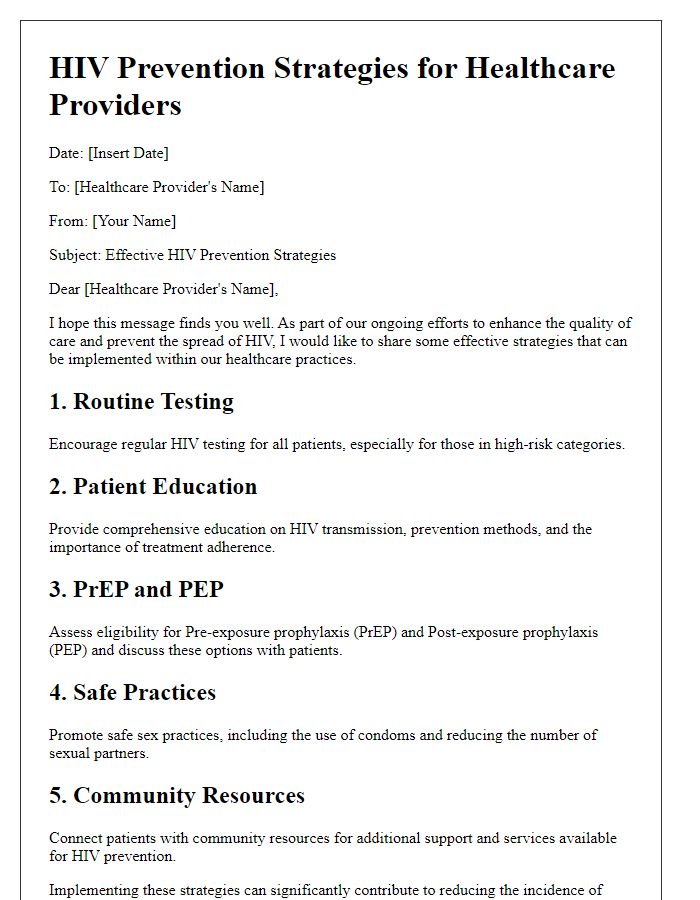 Letter template of HIV prevention strategies for healthcare providers.