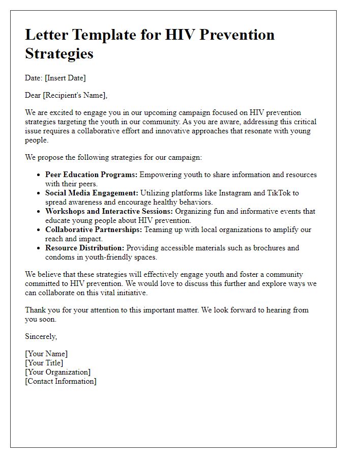 Letter template of HIV prevention strategies for youth engagement campaigns.