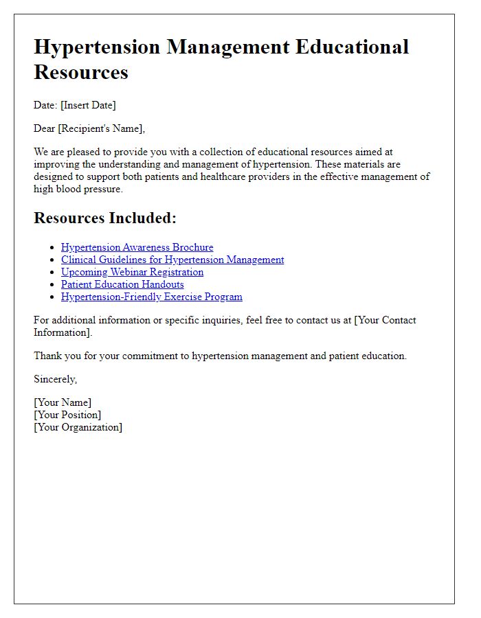 Letter template of hypertension management educational resources