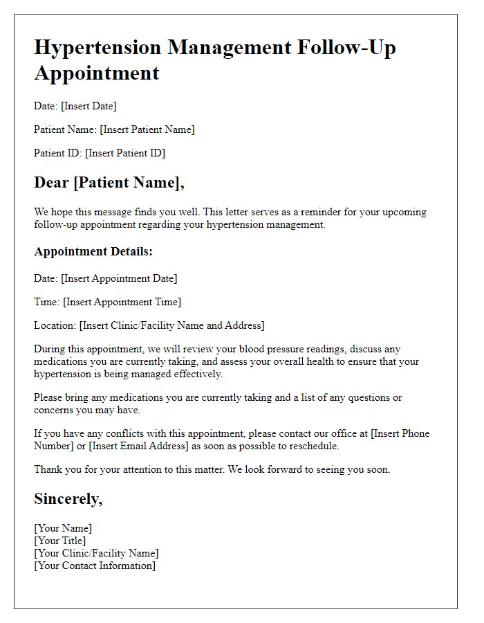 Letter template of hypertension management follow-up appointment