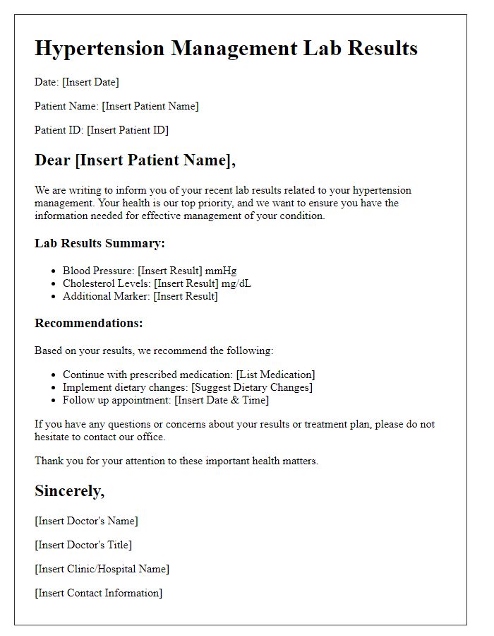 Letter template of hypertension management lab results notification