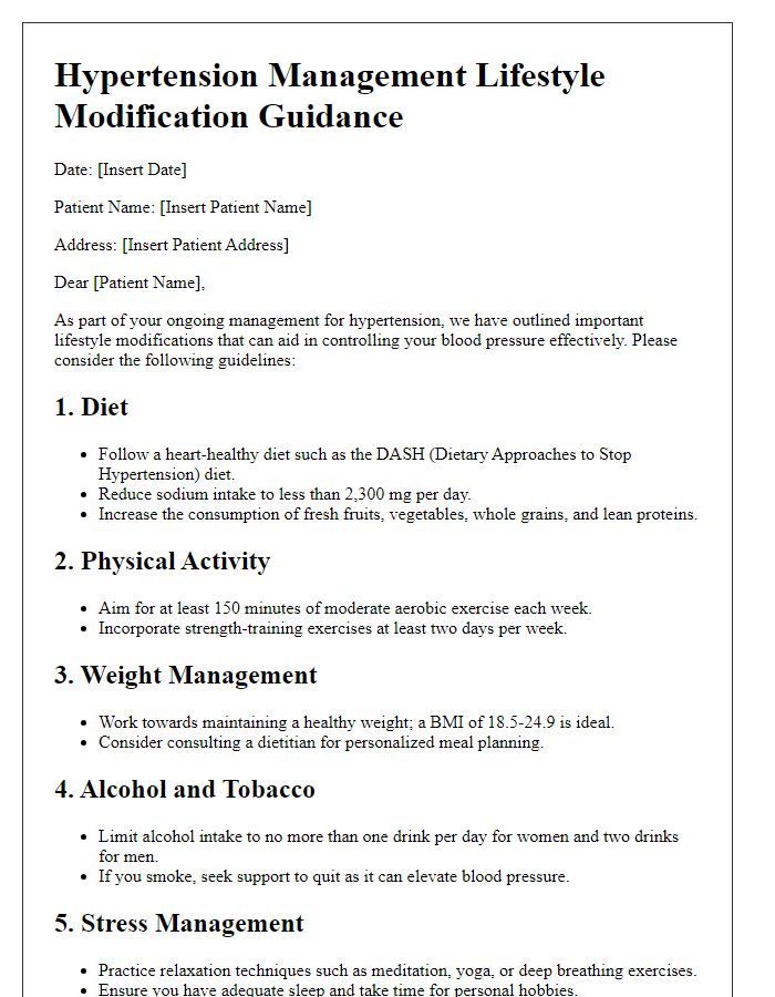 Letter template of hypertension management lifestyle modification guidance