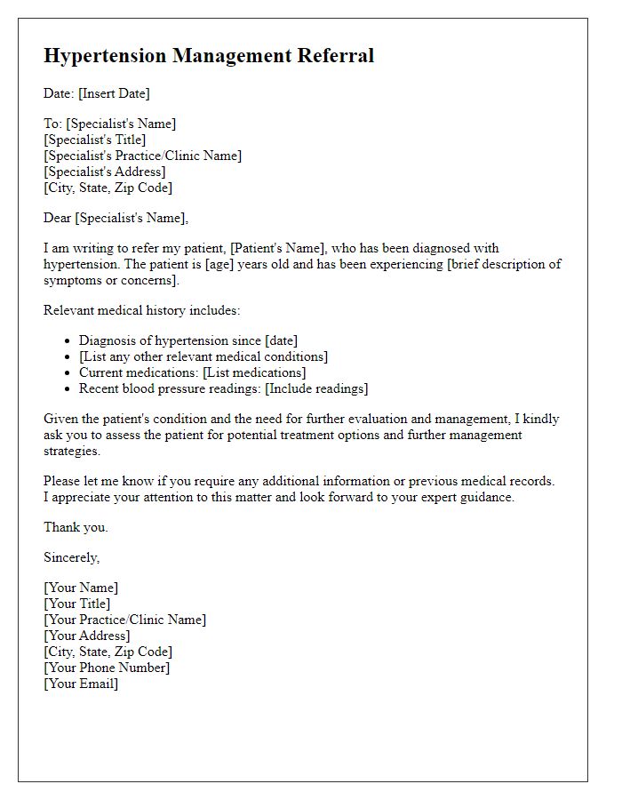 Letter template of hypertension management referral for patient evaluation