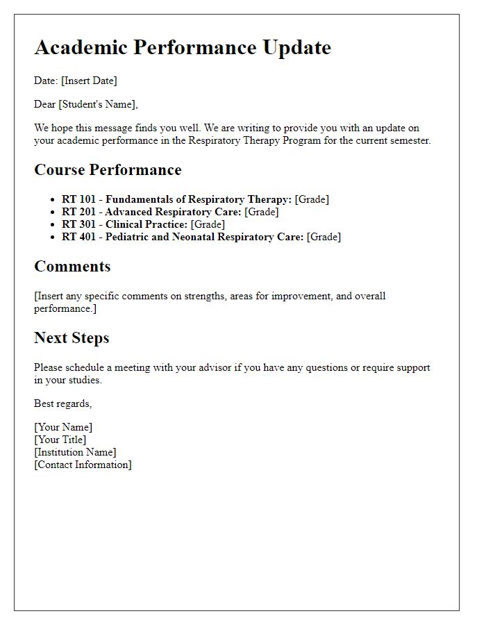 Letter template of academic performance update for respiratory therapy program