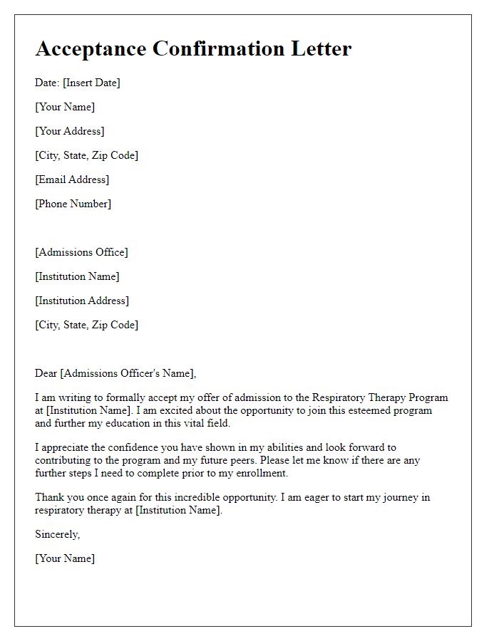 Letter template of acceptance confirmation for respiratory therapy program