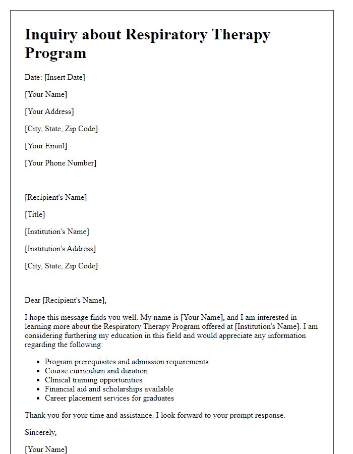 Letter template of inquiry for respiratory therapy program details