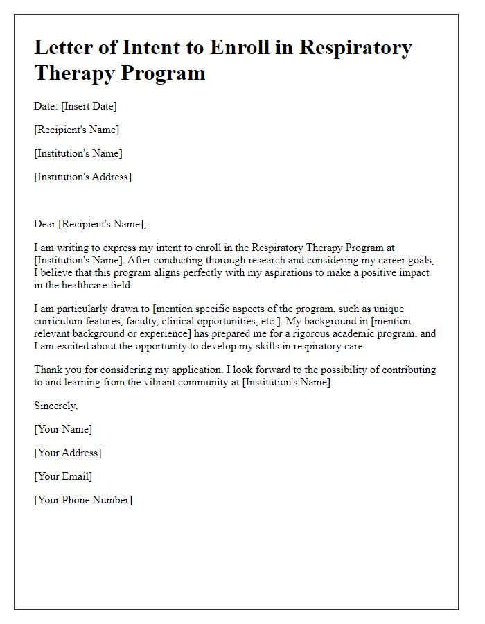 Letter template of intent to enroll in respiratory therapy program