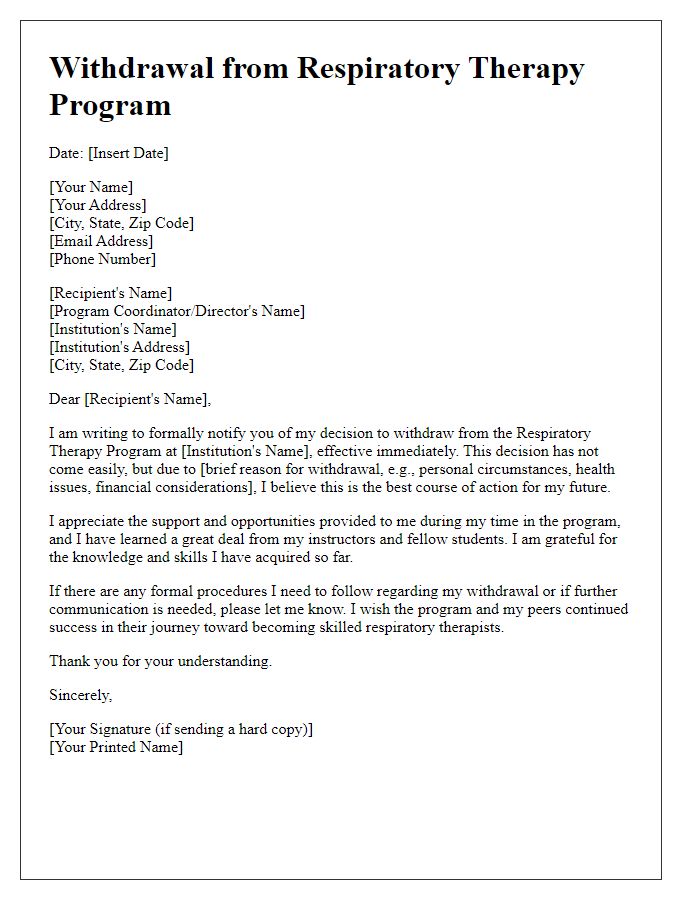 Letter template of withdrawal from respiratory therapy program