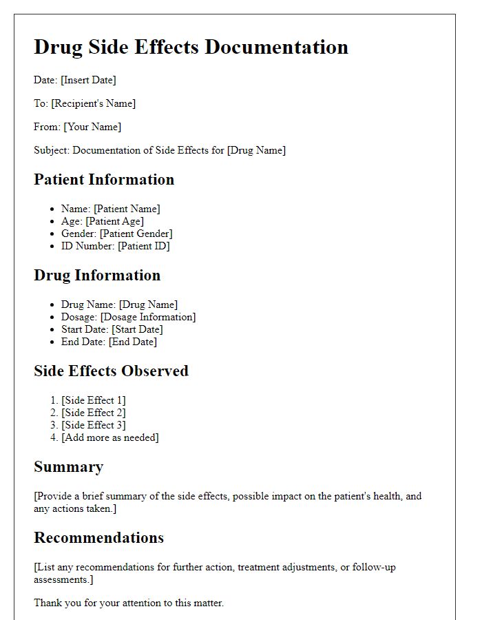 Letter template of drug side effects documentation