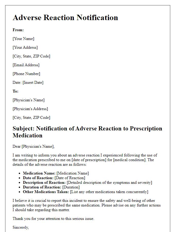 Letter template of prescription adverse reaction notification