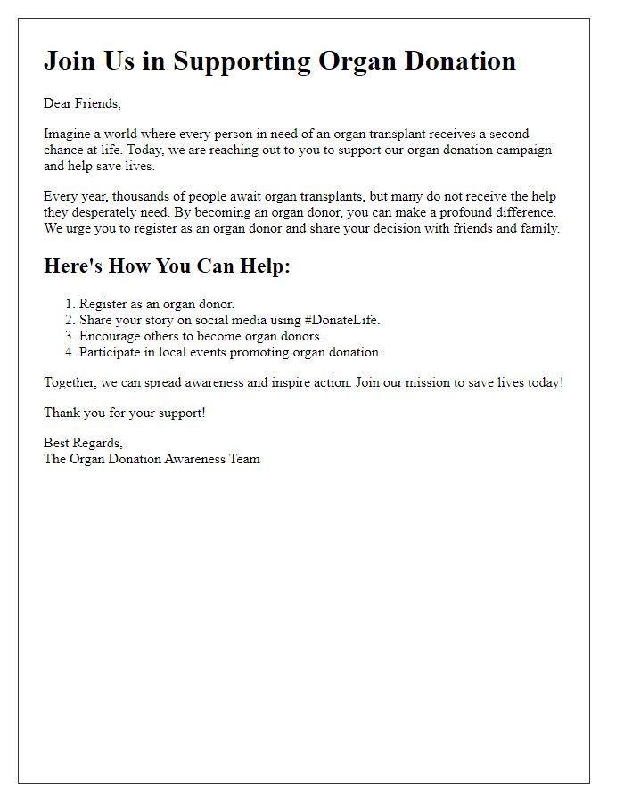 Letter template of organ donation campaign support for social media.