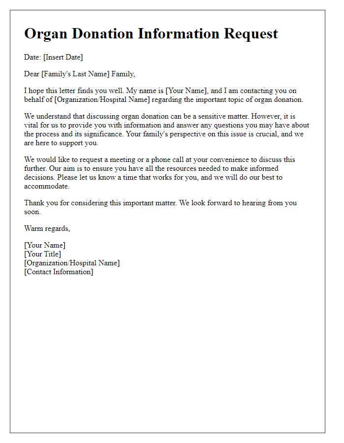 Letter template of organ donation information request for families.