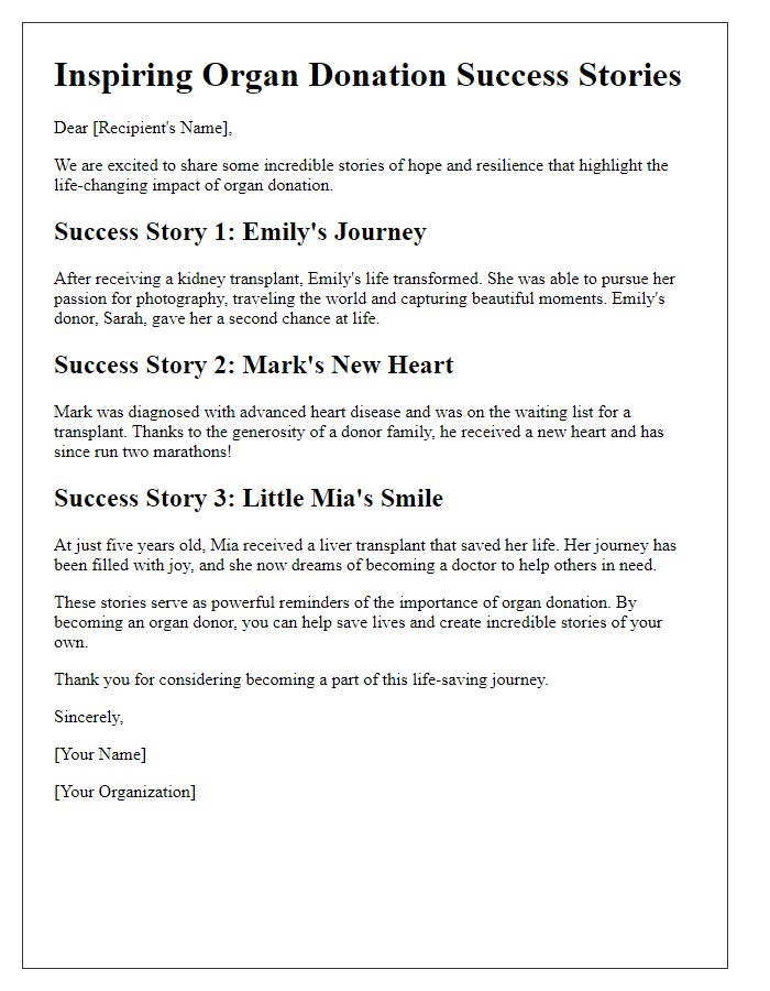 Letter template of organ donation success stories for motivation.