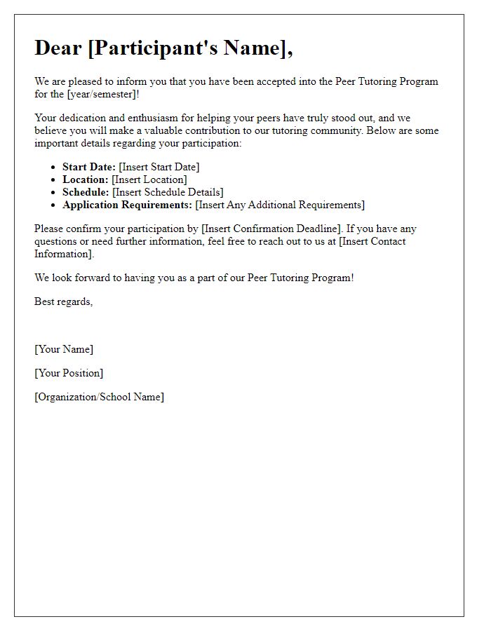 Letter template of acceptance for peer tutoring program participants