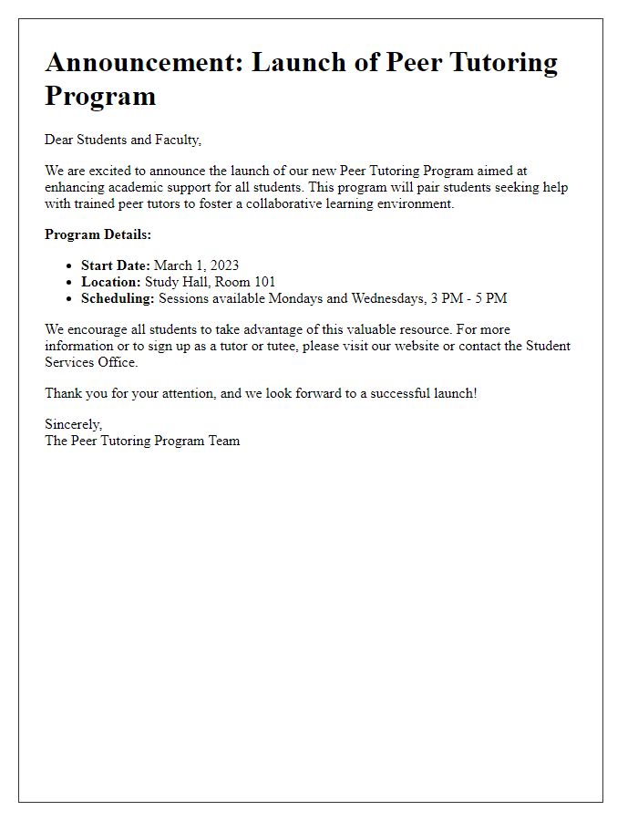 Letter template of announcement for peer tutoring program launch