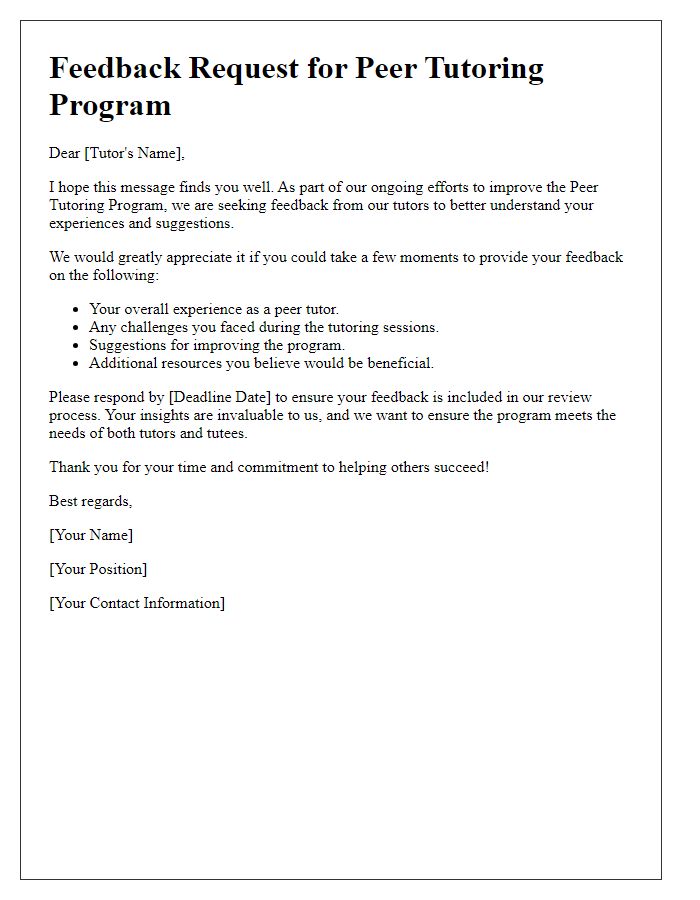 Letter template of feedback request for peer tutoring program