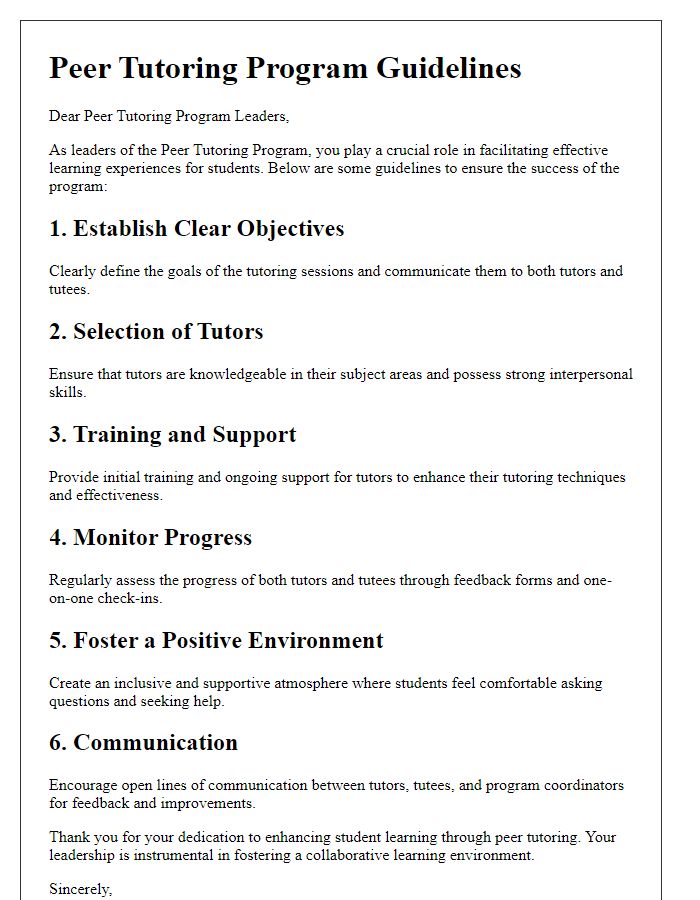 Letter template of guidelines for peer tutoring program leaders