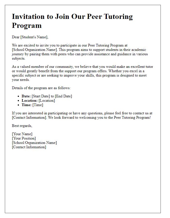 Letter template of invitation to join peer tutoring program