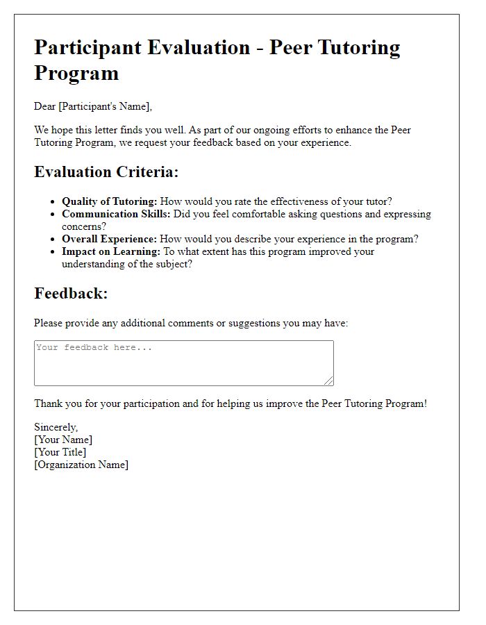 Letter template of participant evaluation in peer tutoring program